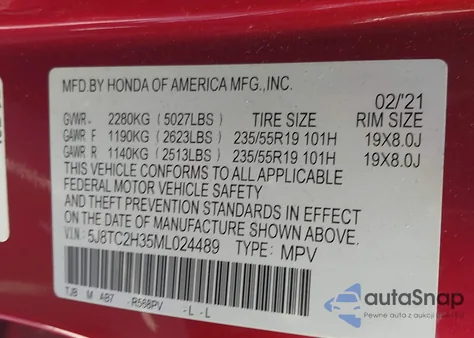 2021 Acura Rdx Standard z USA, uszkodzony, nr VIN 5J8TC2H35ML024489